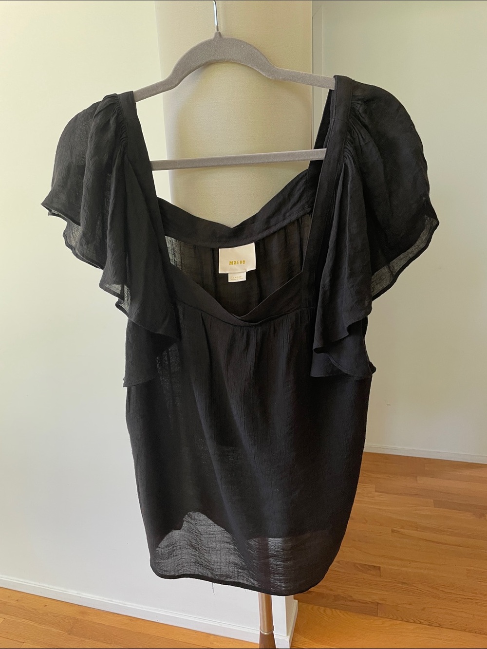 Maeve Black Flutter Ruffle-Sleeve Blouse